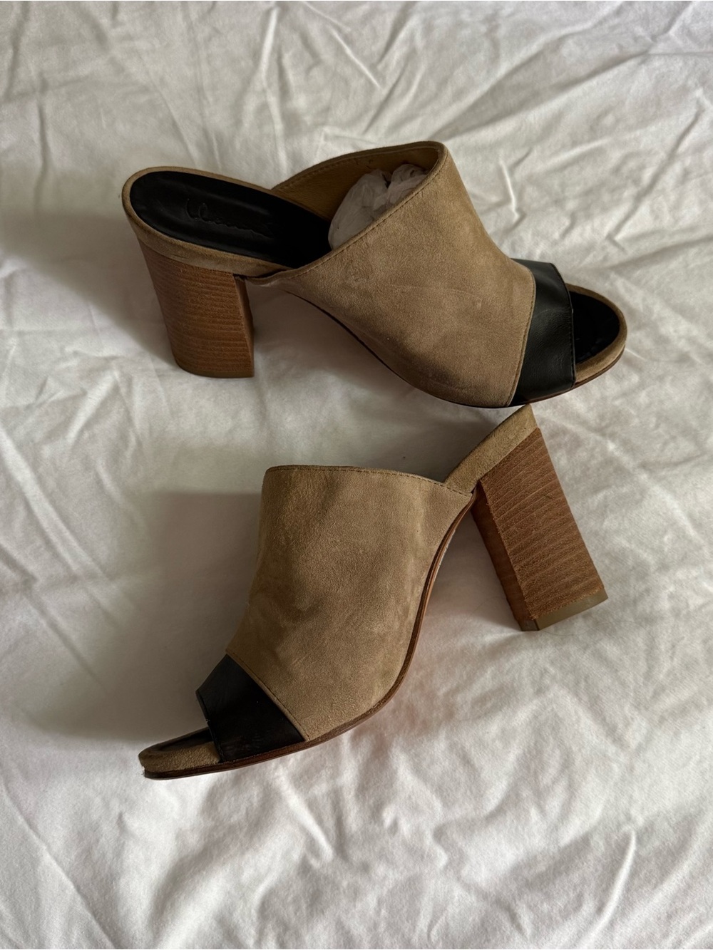 Suede Block Heel Mules in Taupe and Black